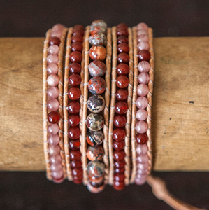 JuneStones five wrap bracelet Compassion featuring Rhodochrosite, Exotica Jasper and Carnelian gemstones and natural leather