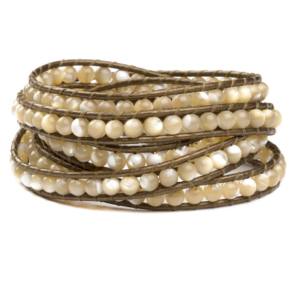 Women's five wrap bracelet with Mother of Pearl gemstones on natural leather
