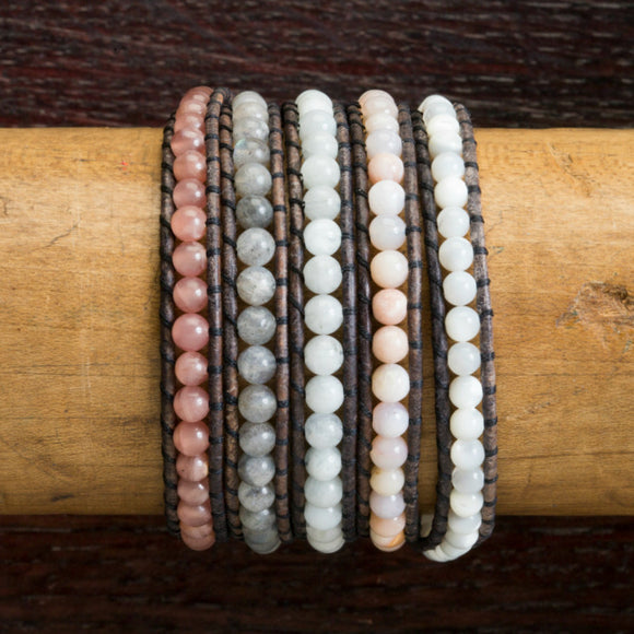 JuneStones five wrap bracelet Comfort featuring Rhodochrosite, Peruvian Opal, Mother of Pearl, Moonstone, and Labradorite gemstones and natural leather