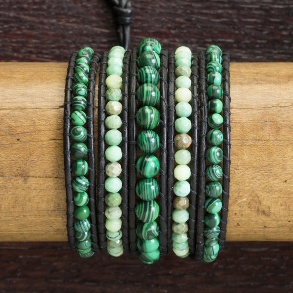 JuneStones five wrap bracelet Heal featuring Malachite and Green Moss Opal gemstones and natural leather