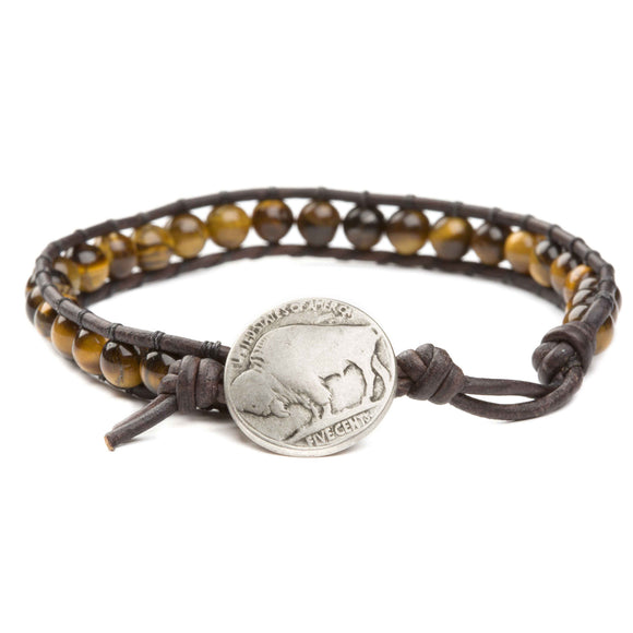 Men's wrap bracelet with tiger eye gemstones and natural leather