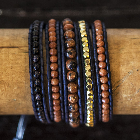 JuneStones five wrap bracelet Ambition featuring Goldstone gemstones and natural leather