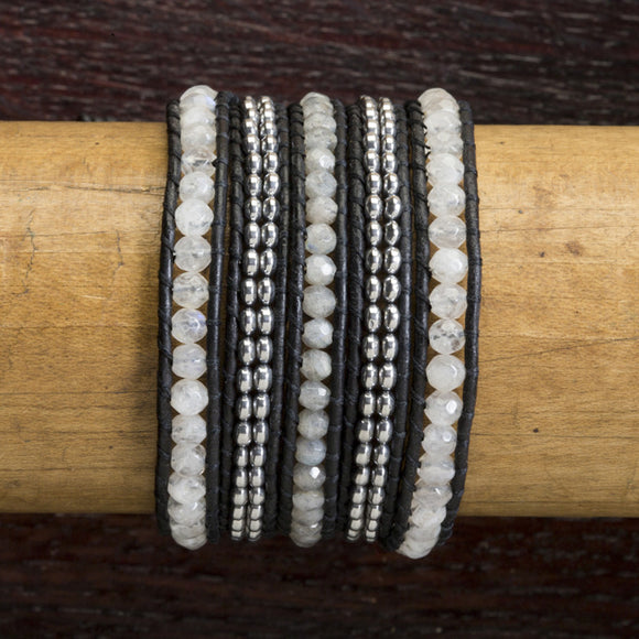 JuneStones five wrap bracelet Renew featuring Moonstone, Labradorite and Hematite gemstones and natural leather