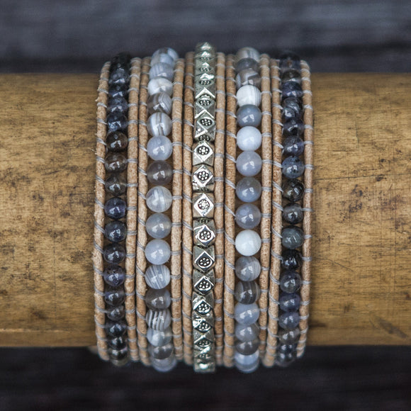 JuneStones five wrap bracelet Vision featuring Iolite and Botswana Agate gemstones and natural leather