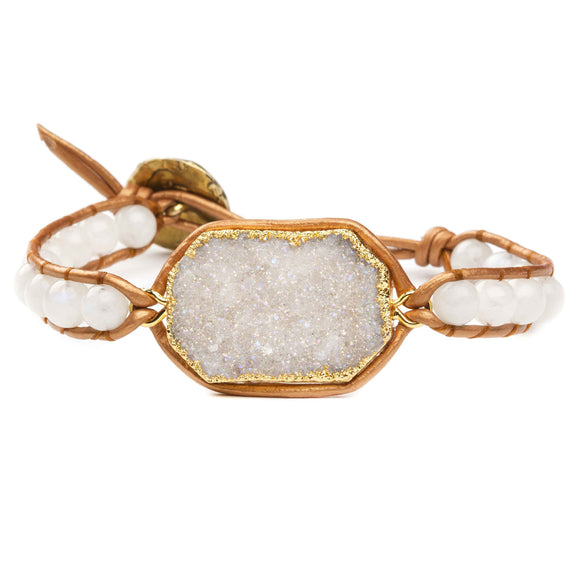 Women's bracelet with agate druzy and moonstone gemstones on natural leather