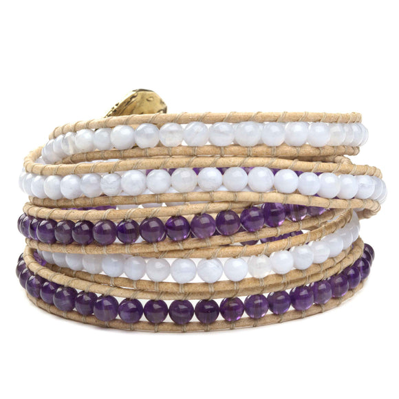 Women's five wrap bracelet with Moonstone, and Amethyst gemstones on natural leather
