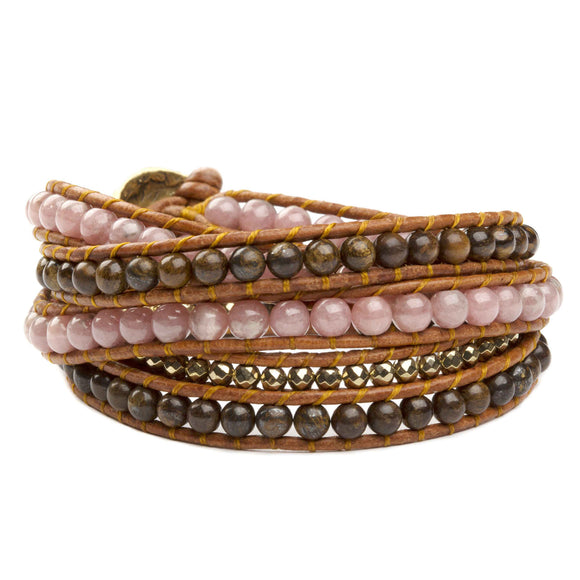 Women's five wrap bracelet with Muscovite, Hematite, and Bronzite gemstones on natural leather