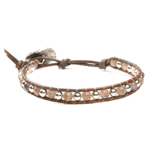 Women's wrap bracelet with muscovite gemstones and sterling silver on natural leather