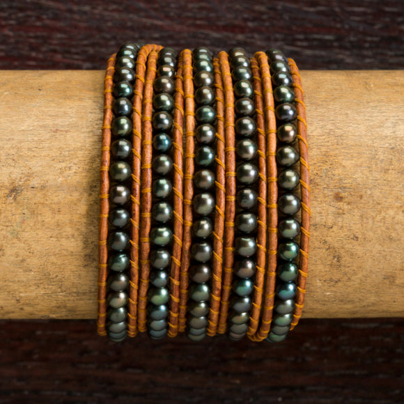 JuneStones five wrap bracelet Prosperity III featuring Pearl gemstones and natural leather