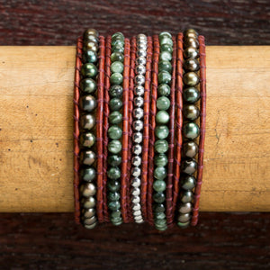 JuneStones five wrap bracelet Wisdom featuring Serpentine, Pearl and Hematite gemstones and natural leather