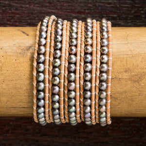 JuneStones five wrap bracelet Prosperity II featuring Pearl gemstones and natural leather