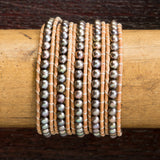 JuneStones five wrap bracelet Prosperity II featuring Pearl gemstones and natural leather