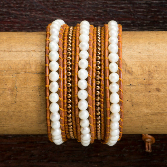JuneStones five wrap bracelet Integrity featuring Pearl and Hematite gemstones and natural leather