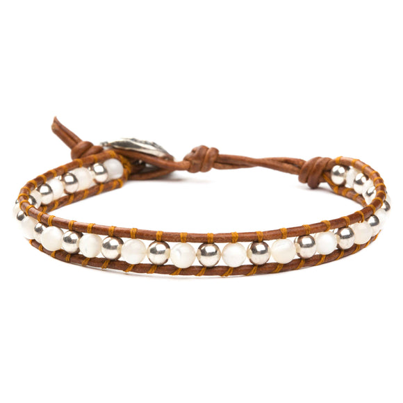 Women's wrap bracelet with mother of pearl gemstones and sterling silver on natural leather