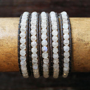 JuneStones five wrap bracelet Nurture featuring Moonstone gemstones and natural leather
