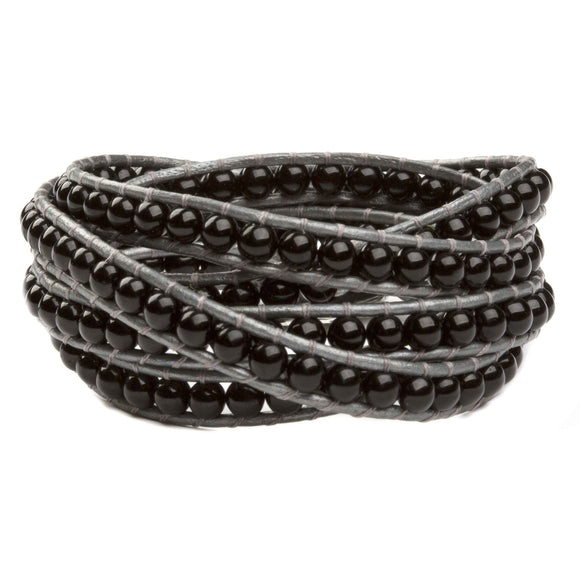 Women's five wrap bracelet with Onyx gemstones on natural leather