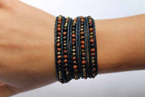 JuneStones five wrap bracelet Optimism featuring Pyrite and Goldstone gemstones and natural leather