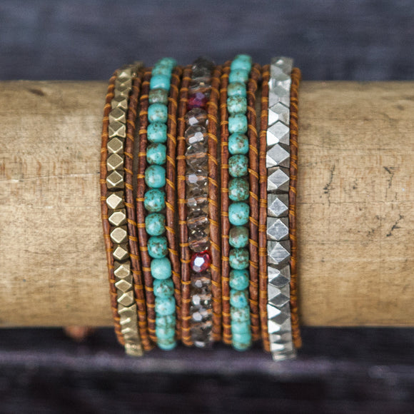 JuneStones five wrap bracelet Knowledge featuring Turquoise gemstones and natural leather