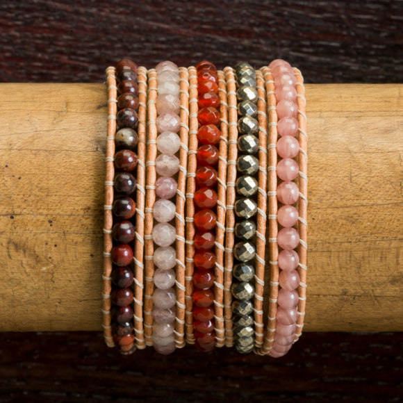 JuneStones five wrap bracelet Reconnect featuring Rhodochrosite, Red Jasper, Moonstone, Carnelian and Hematite gemstones and natural leather