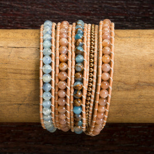JuneStones five wrap bracelet Inner Peace featuring Rhodochrosite, Impression Jasper and Hematite gemstones and natural leather