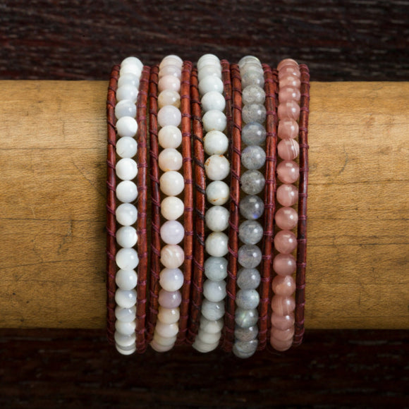 JuneStones five wrap bracelet Passion featuring Rhodochrosite, Peruvian Opal, Moonstone and Labradorite gemstones and natural leather