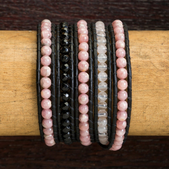 JuneStones five wrap bracelet Stimulate featuring Rhodochrosite, Onyx and Moonstone gemstones and natural leather