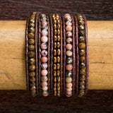 JuneStones five wrap bracelet Guardian featuring Rhodonite and Bronzite gemstones and natural leather