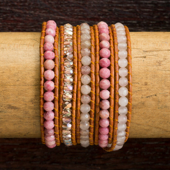 JuneStones five wrap bracelet Romance featuring Rose Quartz, Rhodonite and Moonstone gemstones and natural leather