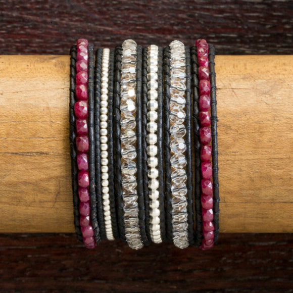 JuneStones five wrap bracelet Leadership featuring Ruby and Hematite gemstones and natural leather