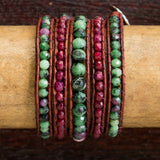 JuneStones five wrap bracelet Vitality featuring Ruby in Zoisite and Ruby gemstones and natural leather