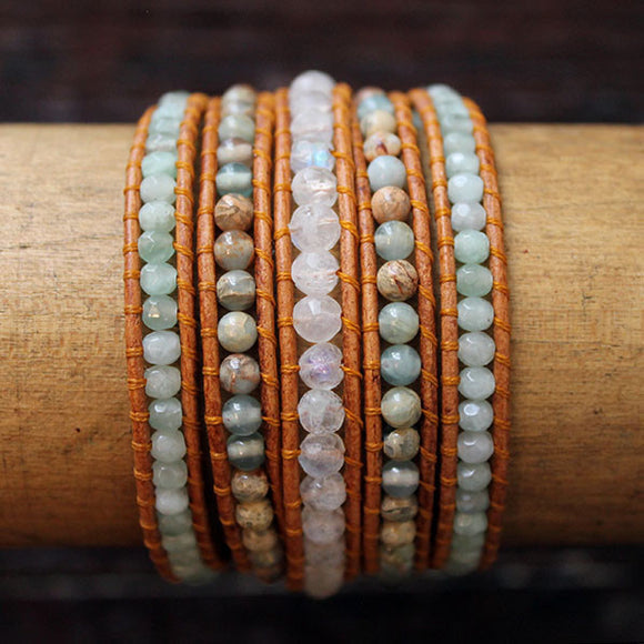 JuneStones five wrap bracelet Safety featuring Moonstone, Impression Jasper, and Blue Quartz gemstones and natural leather