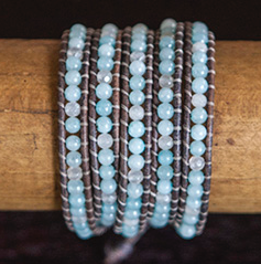 JuneStones five wrap bracelet Wonder featuring Quartz and Amazonite gemstones and natural leather