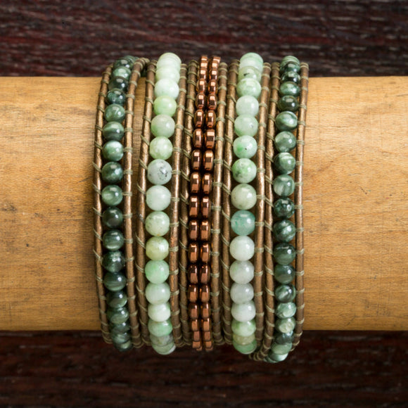 JuneStones five wrap bracelet Enlightenment featuring Seraphinite, Jade and Hematite gemstones and natural leather