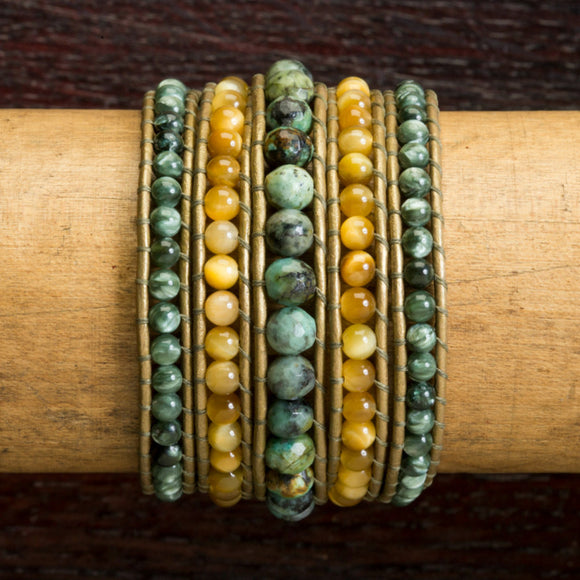 JuneStones five wrap bracelet Awareness featuring Seraphinite, Cat Eye and Green African Turquoise gemstones and natural leather