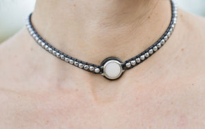 JuneStones women's choker wrap necklace with silver hematite gemstones and agate druzy
