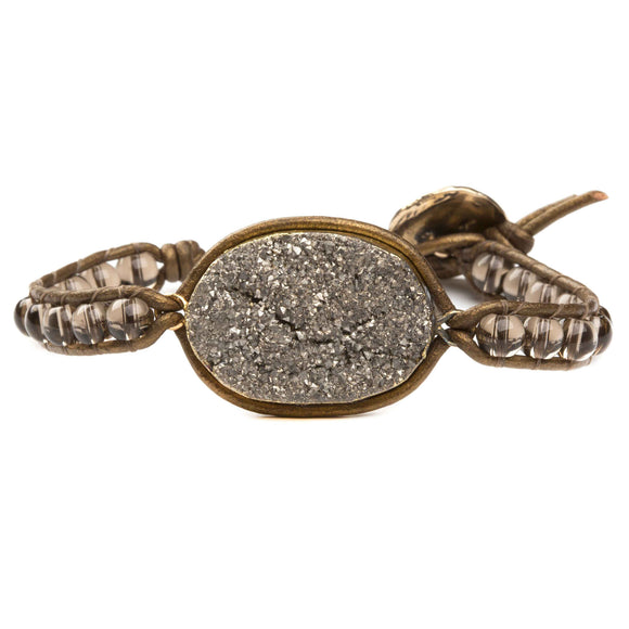 Women's bracelet with agate druzy and smoky quartz gemstones on natural leather