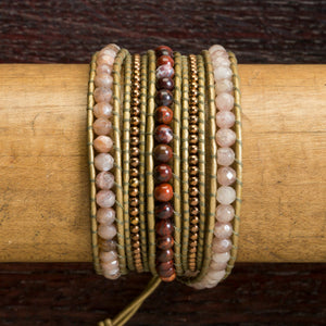 JuneStones five wrap bracelet Vigor featuring Sunstone, Red Jasper, Moonstone and Hematite gemstones and natural leather