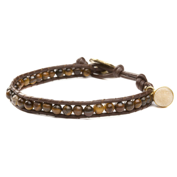 Women's wrap bracelet with tiger eye and druzy gemstones on natural leather
