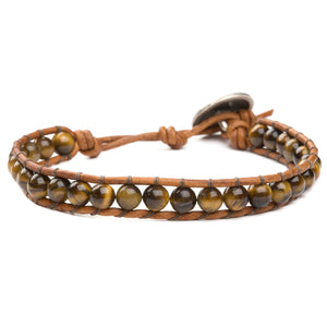 Women's wrap bracelet with tiger eye gemstones on natural leather