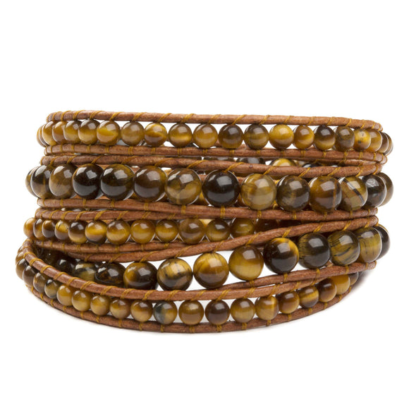 Women's five wrap bracelet with Tiger Eye gemstones on natural leather
