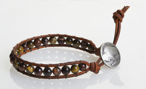 JuneStones single wrap bracelet Focus featuring Tiger Eye gemstones and natural leather