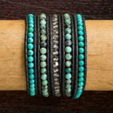 JuneStones five wrap bracelet Guide featuring Turquoise and Green African Turquoise gemstones and natural leather