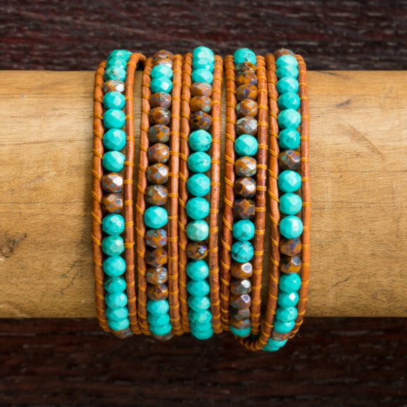 JuneStones five wrap bracelet Solid featuring Turquoise gemstones and natural leather