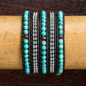 JuneStones five wrap bracelet Realization featuring Turquoise and Hematite gemstones and natural leather