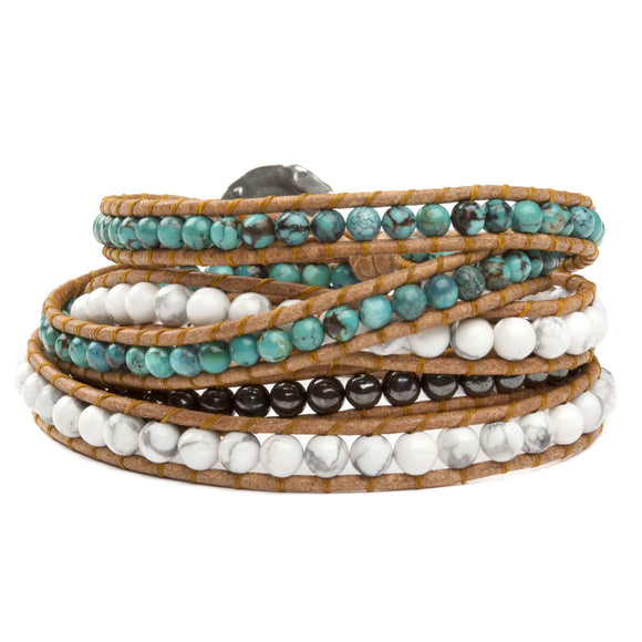 Women's five wrap bracelet with Turquoise, White Buffalo Turquoise, and Onyx gemstones on natural leather