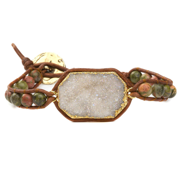 Women's bracelet with agate druzy and unakite gemstones on natural leather