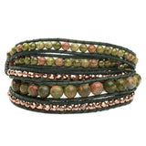 Women's five wrap bracelet with Unakite and Hematite gemstones on natural leather