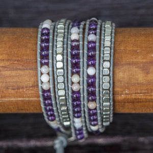 JuneStones five wrap bracelet Loyalty featuring Peruvian Opal and Amethyst gemstones and natural leather