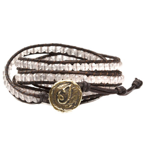 Women's five wrap bracelet with clear quartz gemstones on natural leather